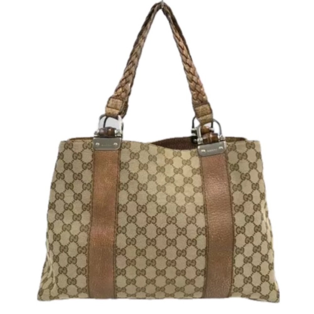 Auth GUCCI Bamboo GG Canvas Tote Bag Beige Brown Leather 232947 Used